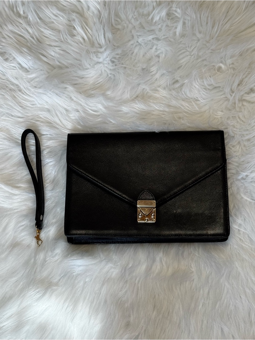 YSL Authentic vtg Black Leather Envelope Clutch Bag Removable Wrist strap - Picture 4 of 14